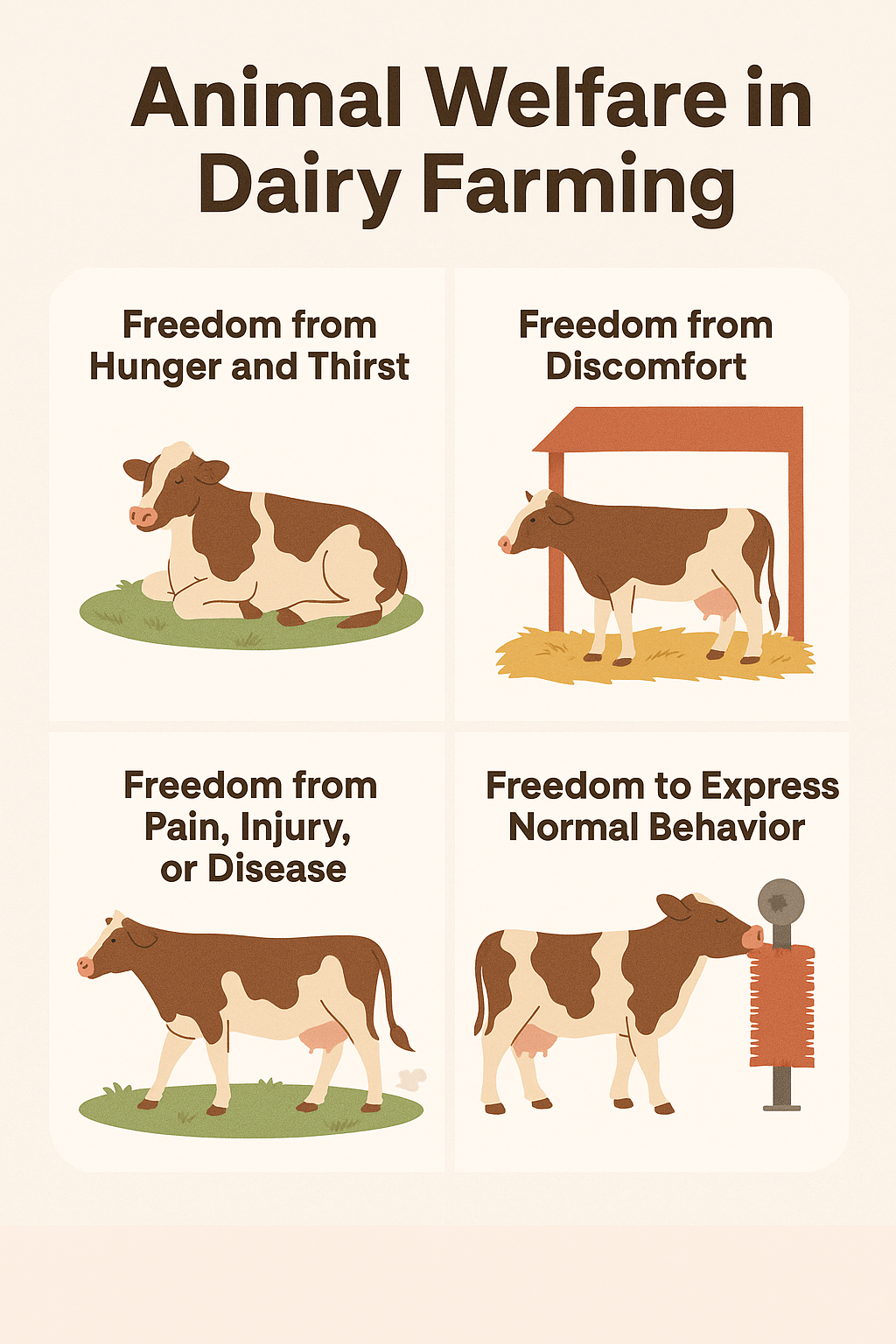 Illustration of dairy cow welfare: The Five Freedoms in animal husbandry.