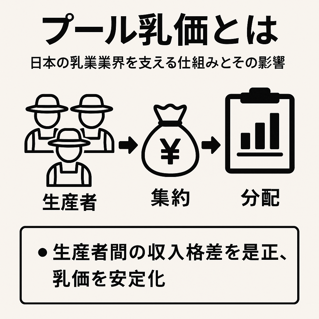 プール乳価の仕組みを図解したイラスト。複数の酪農家から集められた生乳の販売代金を統一価格で分配する流れを説明