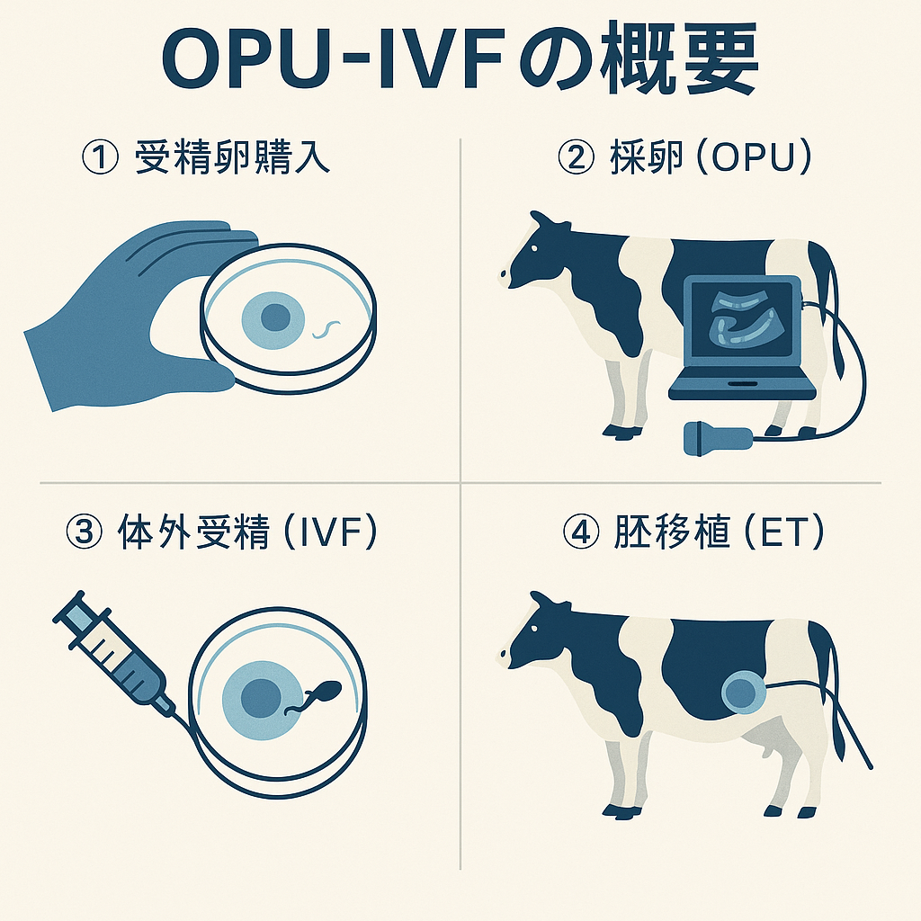 3. OPU‑IVF+ETサイクルの流れ
ステップ内容所要時間・頻度① 受精卵購入TPI3000以上を目標に選定—② ドナー牛選定購入牛から生まれ、能力が証明された牛を利用—③ OPU(採卵)超音波下で経膣穿刺、卵胞液ごと回収10〜15分/頭、月1回〜隔週④ IVF(受精)顕微鏡下で卵子と精液を受精採卵当日〜翌日⑤ 胚培養7日間インキュベート約1週間⑥ ET(移植)群内成牛に移植、妊娠判定受精後70日程度