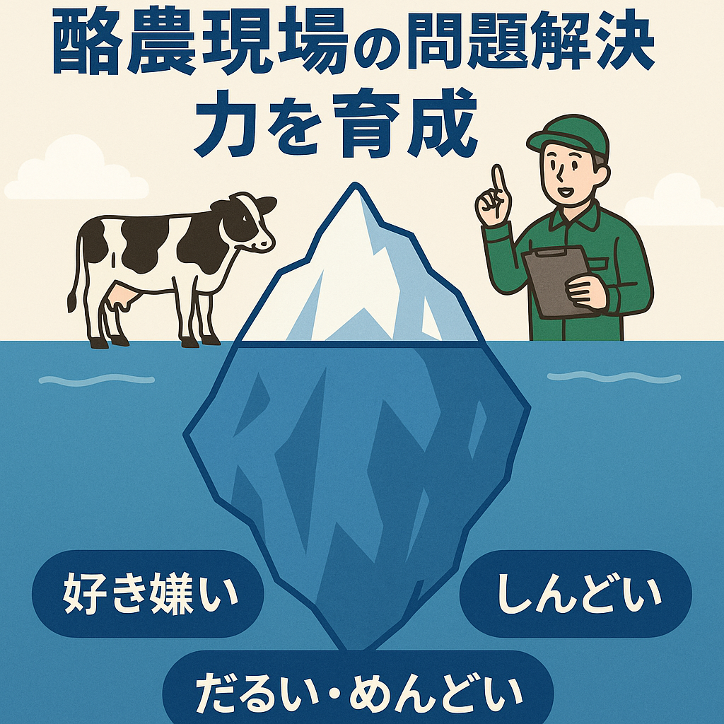 氷山の一角思考を活用した酪農現場の問題解決力育成をテーマにしたアイキャッチ画像。氷山と酪農作業のイラストが特徴。