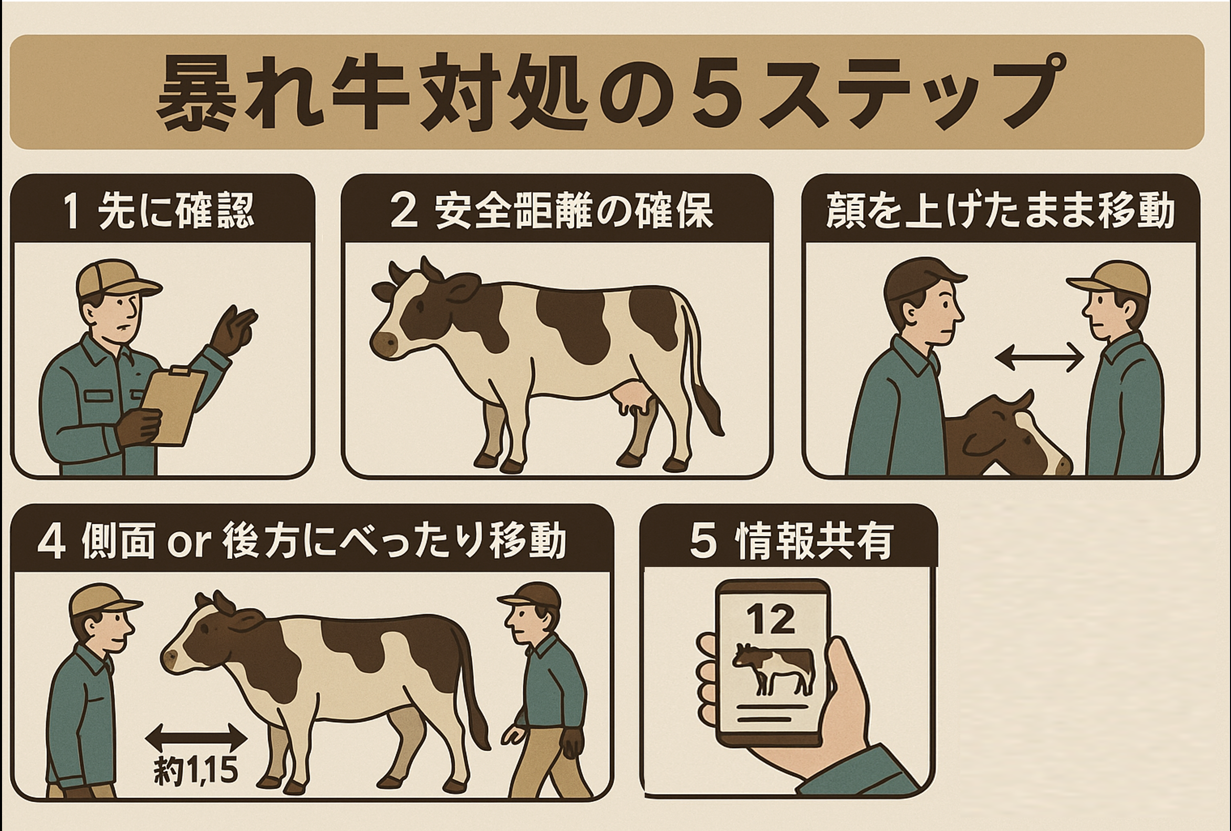 暴れる牛の安全な対処法5ステップを図解した酪農現場向けの日本語インフォグラフィック