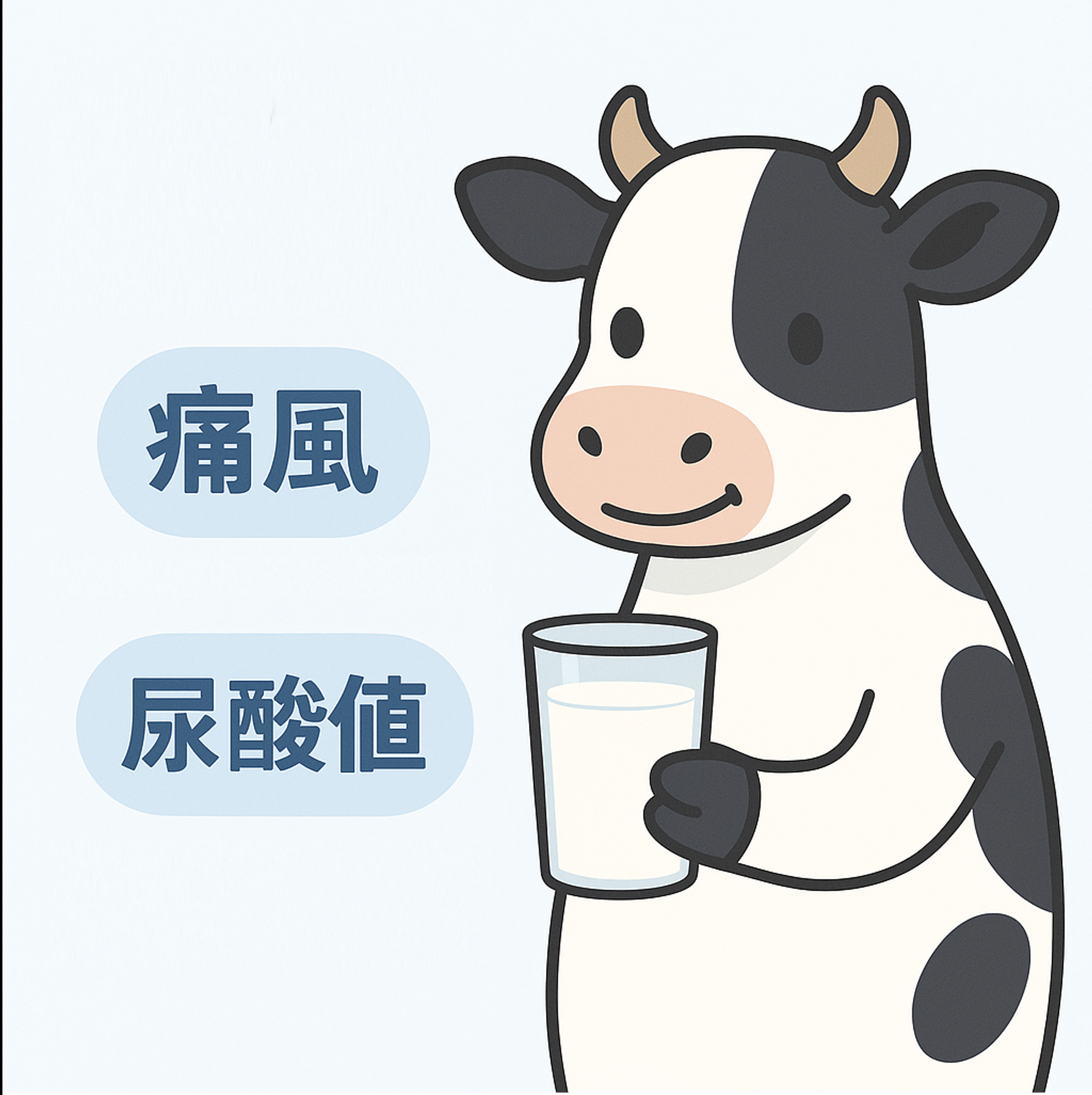 Cute cartoon Holstein cow holding a glass of milk with keywords "gout," "uric acid," and "SEO" on a light blue background