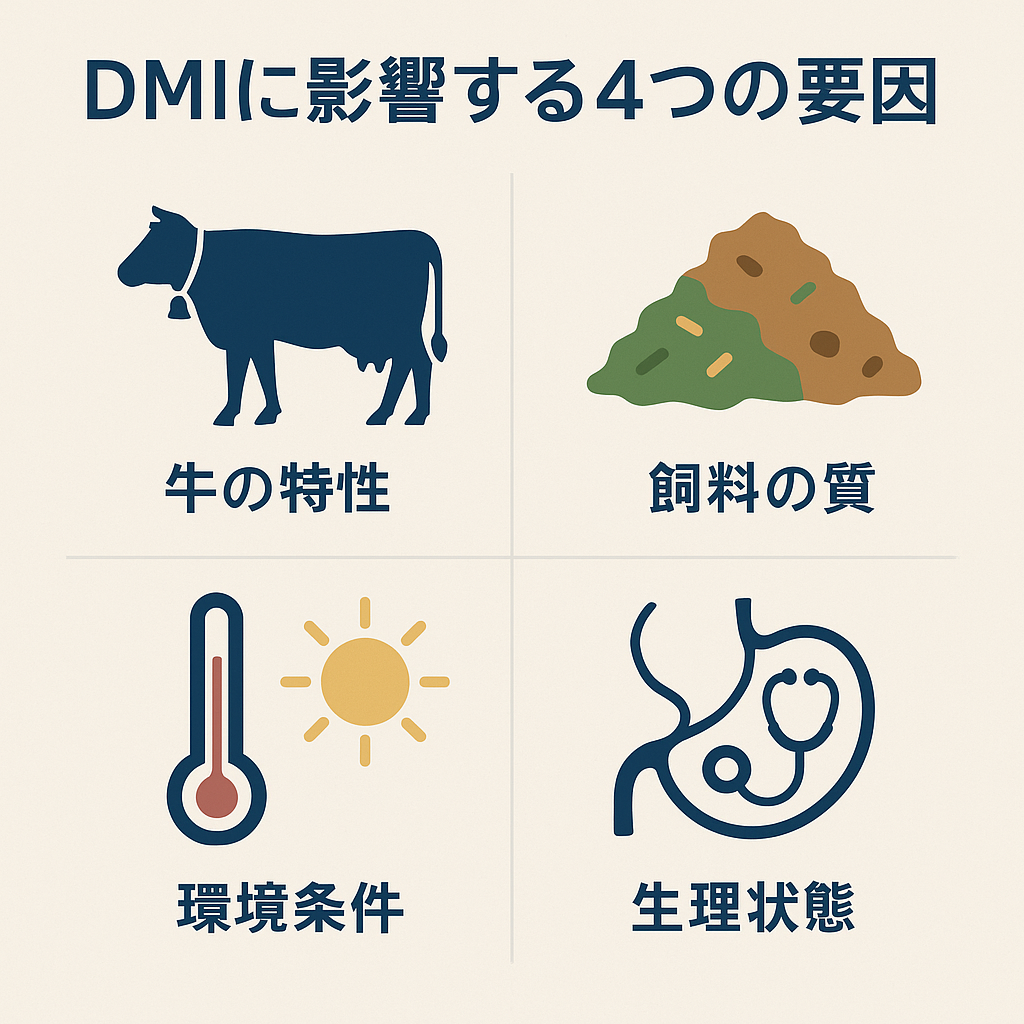 乳牛のDMI(乾物摂取量)に影響を与える4つの要因:牛の特性、飼料の質、環境条件、生理状態を示す図解
