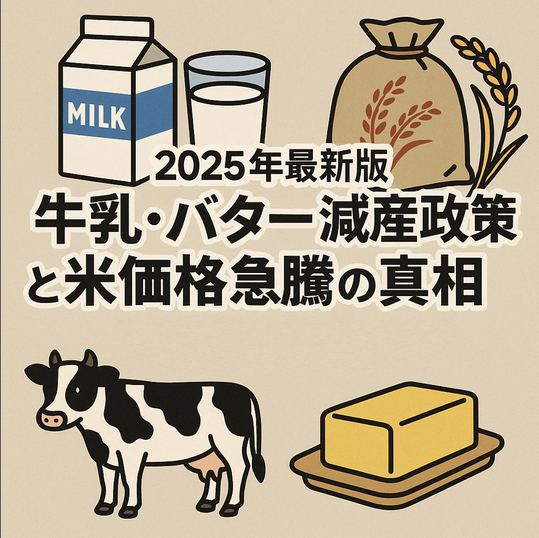 2025年の日本農業政策：牛乳・バター減産と米価格高騰を示す図解