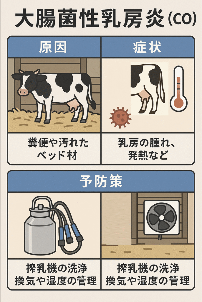 大腸菌性乳房炎の原因と予防方法を図解したインフォグラフィック