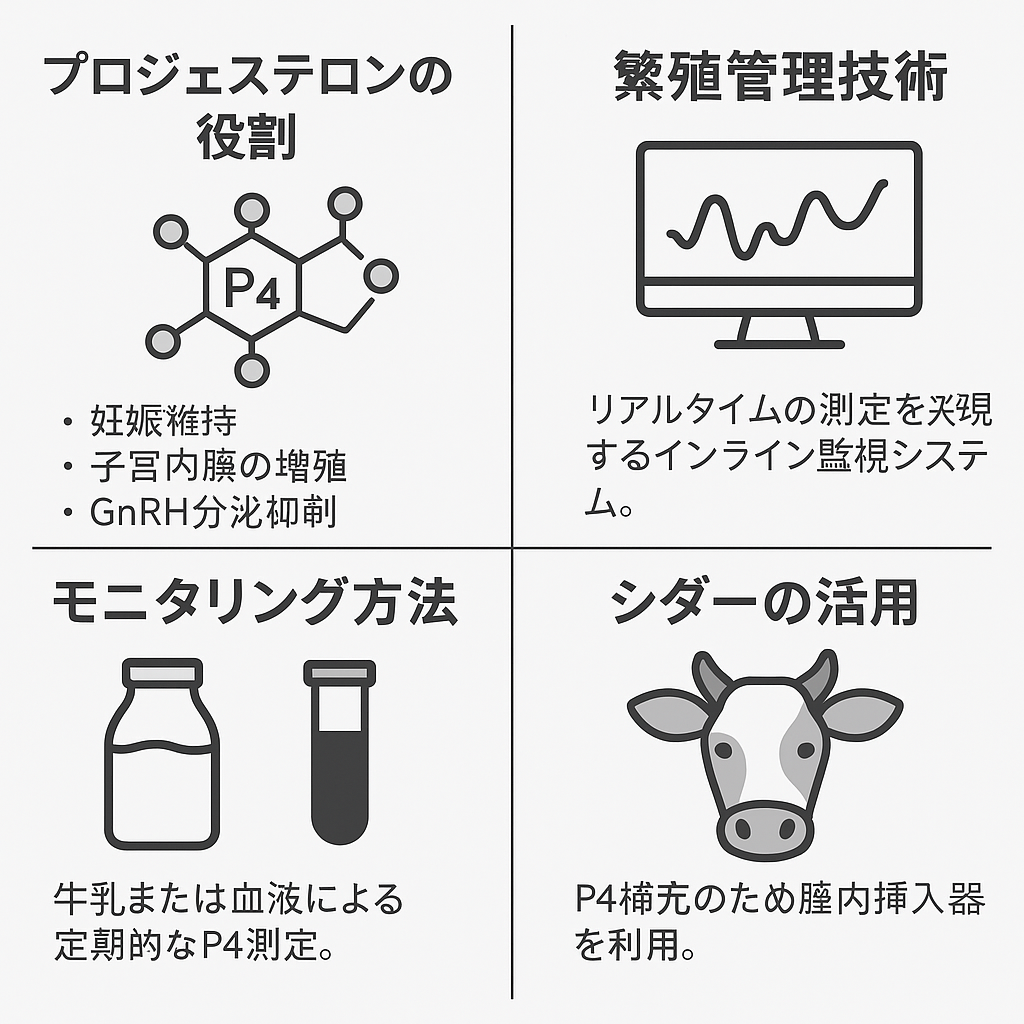 乳牛のP4モニタリング方法を解説するインフォグラフィック  
