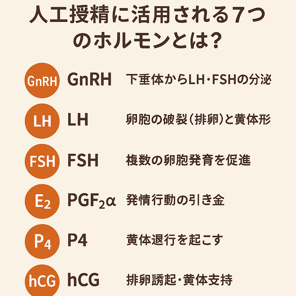 酪農繁殖に使われる主要ホルモン7種の図解(GnRH・LH・FSH・E2・PGF2α・P4・hCG)
