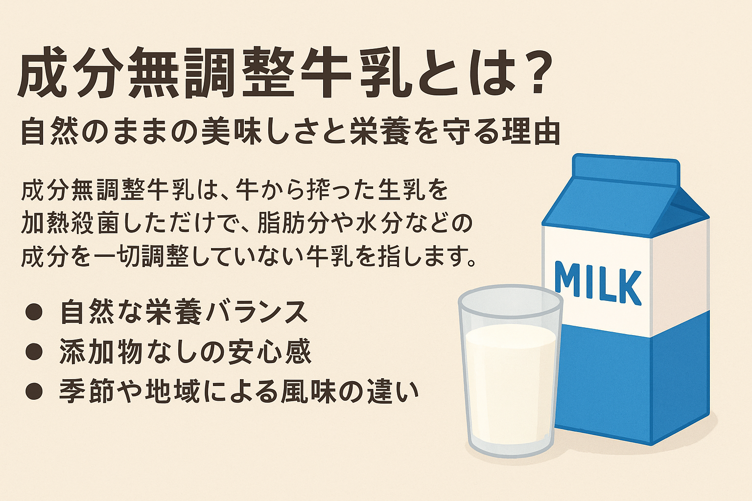 Illustration explaining what whole milk is in Japan, featuring nutritional content and differences from processed milk