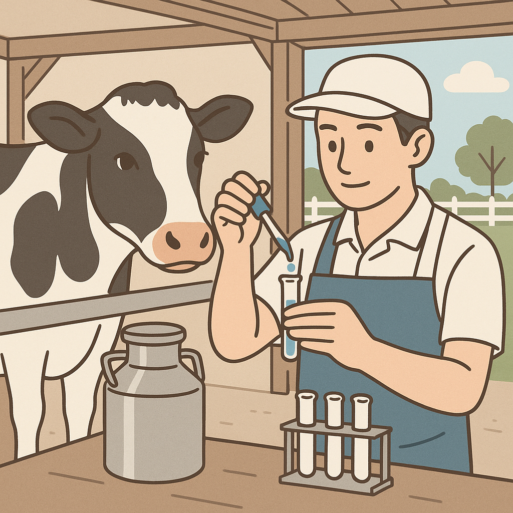 ホルスタイン牛のバルク乳検査を行う酪農家のイラスト – 月1回の品質管理風景