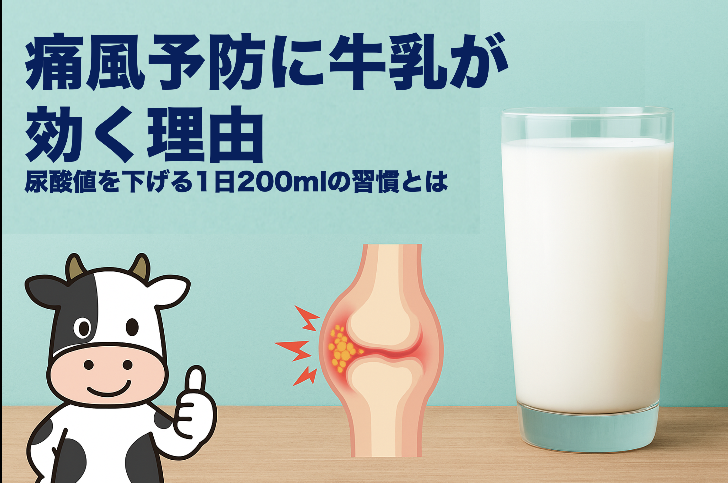 牛乳が痛風予防に効果的な理由を解説するイラスト画像（200mlの牛乳習慣で尿酸値を下げる提案付き）