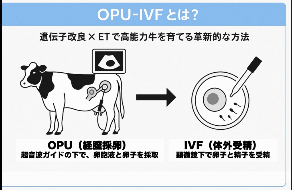 **OPU‑IVF(経膣採卵・体外受精)**は、超音波ガイド下で牛の卵巣から卵子を採取(OPU)し、体外で受精(IVF)させて胚を作り出す技術です。
OPU(Ovum Pick‑Up):経膣超音波で卵胞液ごと卵子を吸引
IVF(In Vitro Fertilization):採取卵子と精液を顕微鏡下で受精