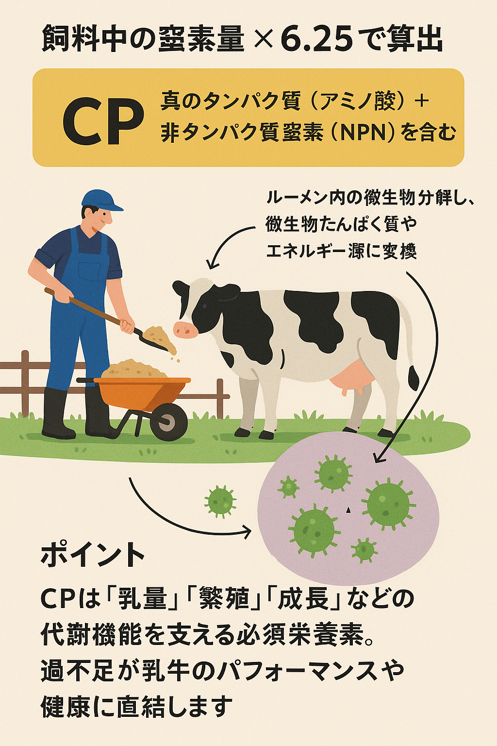 粗タンパク質(CP, Crude Protein)
飼料中の窒素量 × 6.25 で算出
真のタンパク質(アミノ酸)+非タンパク質窒素(NPN)を含む
ルーメン内の微生物が分解し、微生物たんぱく質やエネルギー源に変換