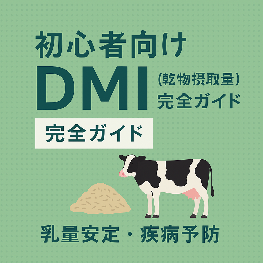 DMI（乾物摂取量）の基礎を解説するブログ記事のアイキャッチ画像。乳牛と乾物飼料のイラストが描かれており、酪農初心者向けにわかりやすく説明する内容を示す。