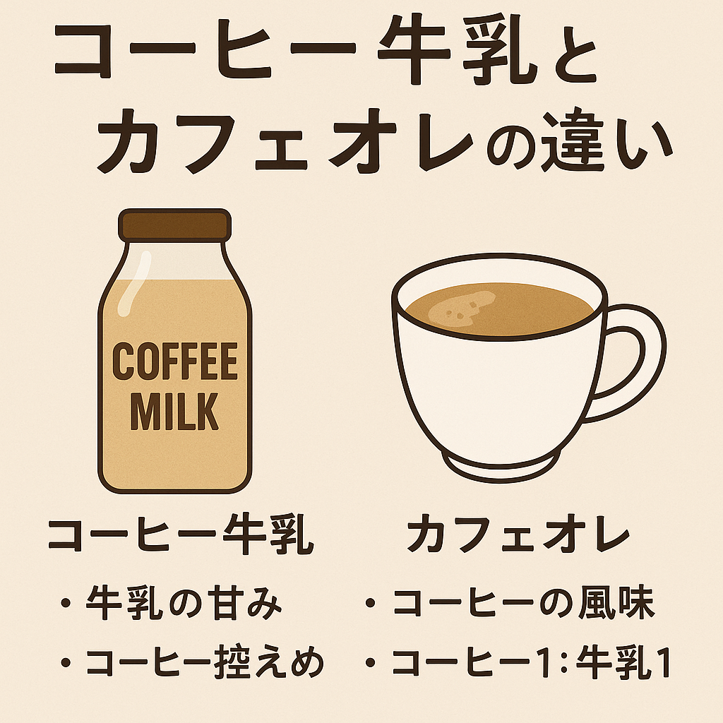 コーヒー牛乳とカフェオレの違いを示す比較図