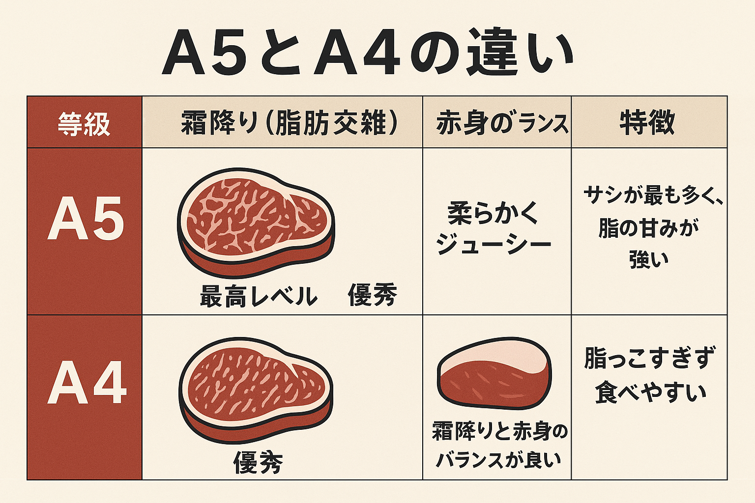 牛肉の等級(A5・A4・B5)の違いを示す図解