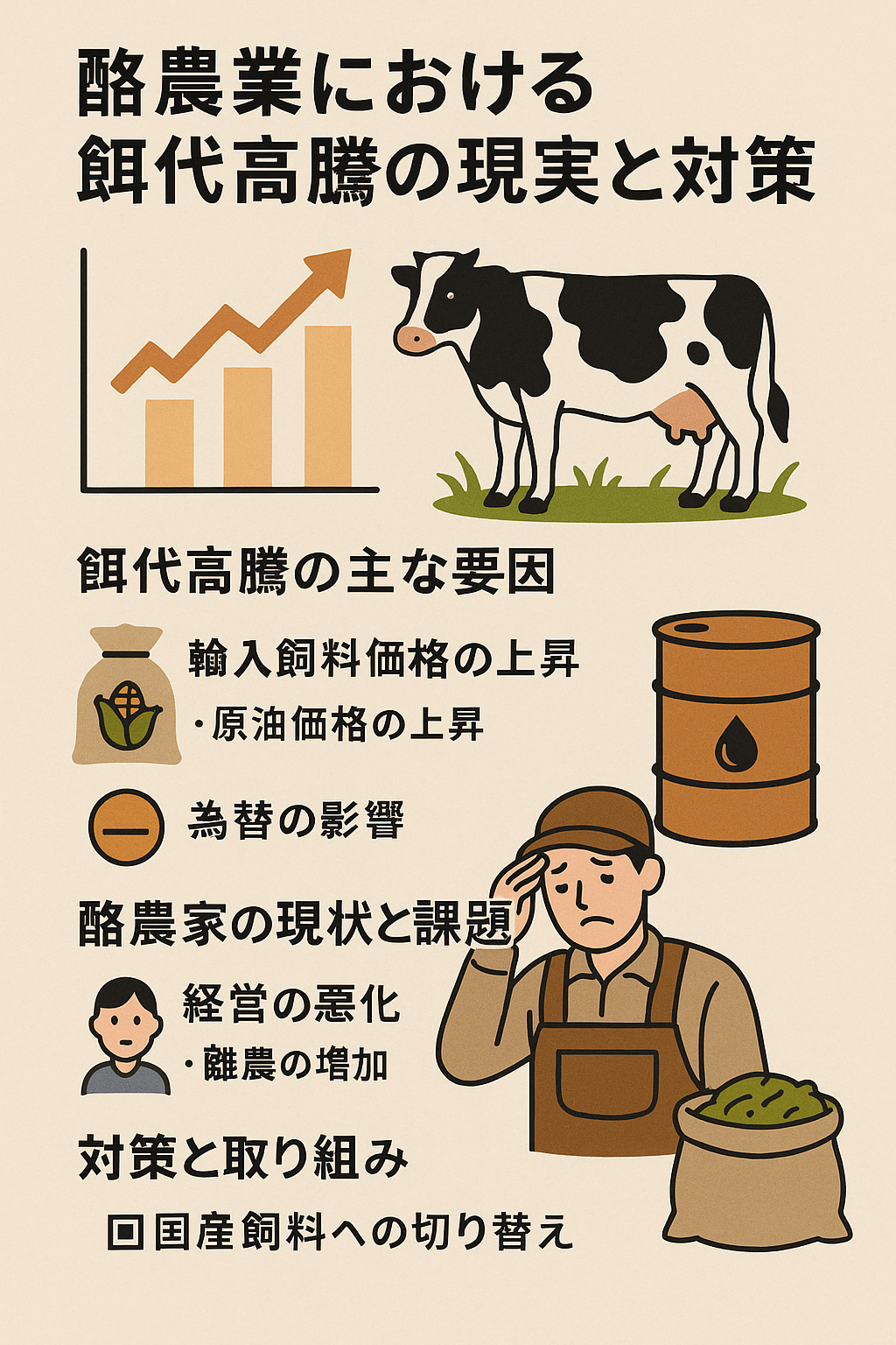 酪農業で飼料価格が高騰し悩む酪農家と飼料対策を示すイラスト