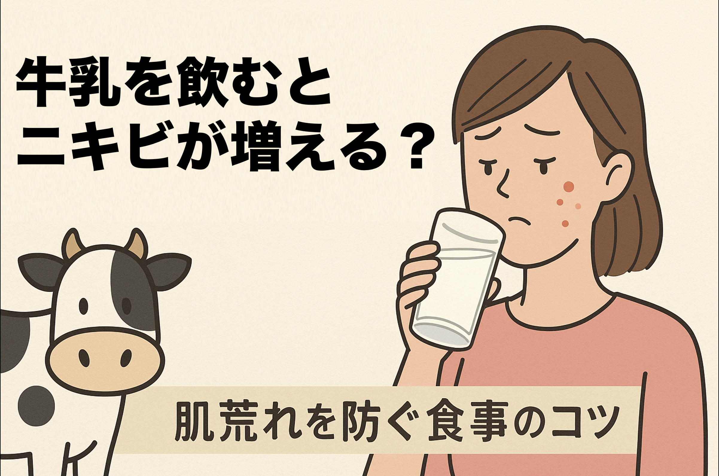 Does milk cause acne? A split illustration showing a smiling cow and a worried woman with pimples holding a glass of milk.