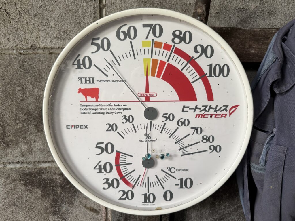 THI meter measuring temperature, humidity, and heat stress index for dairy cows
