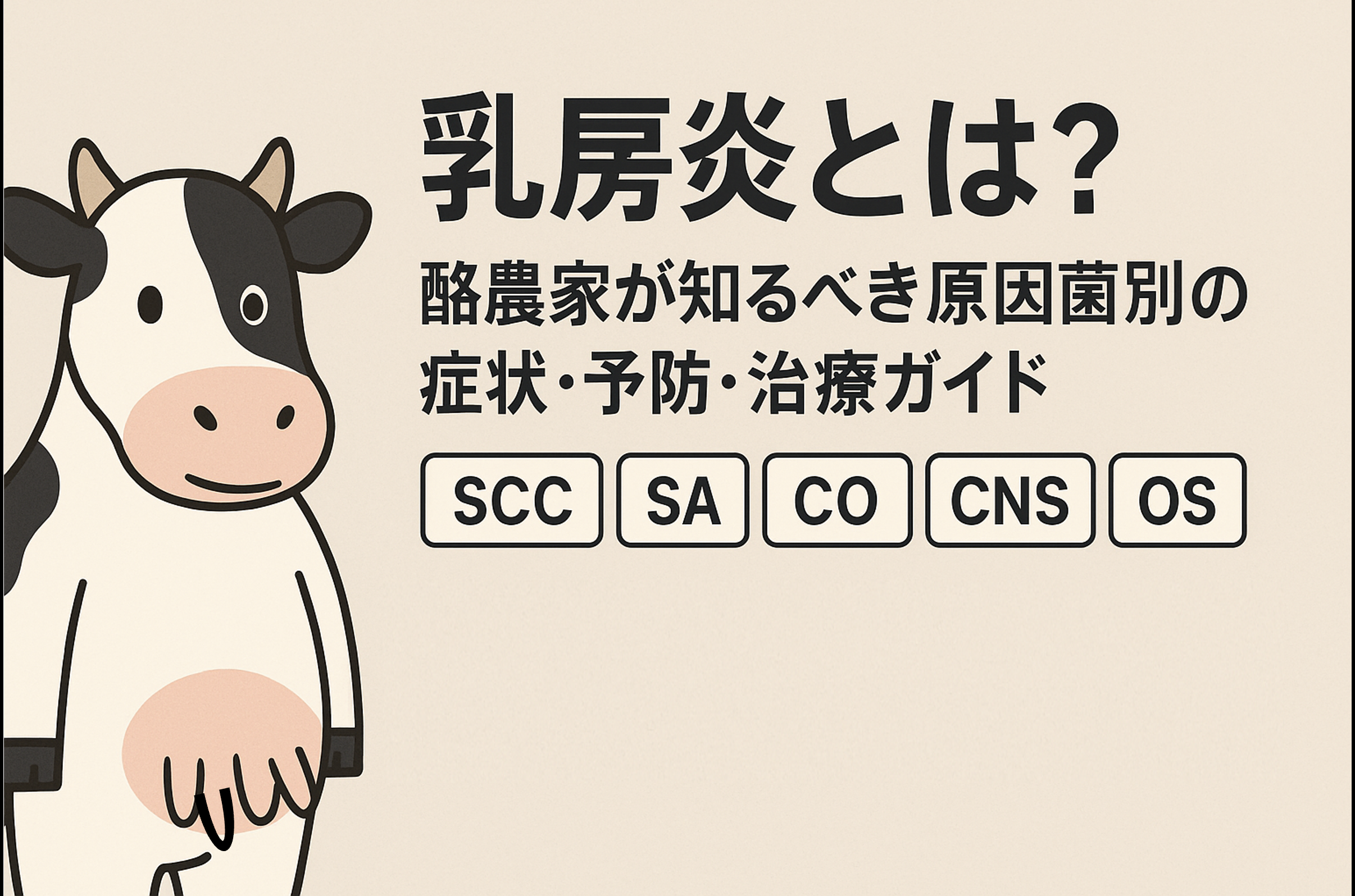 乳牛の乳房炎（SCC・SA・CO・CNS・OS）の原因菌・予防・治療ガイドを解説する酪農向けイラスト