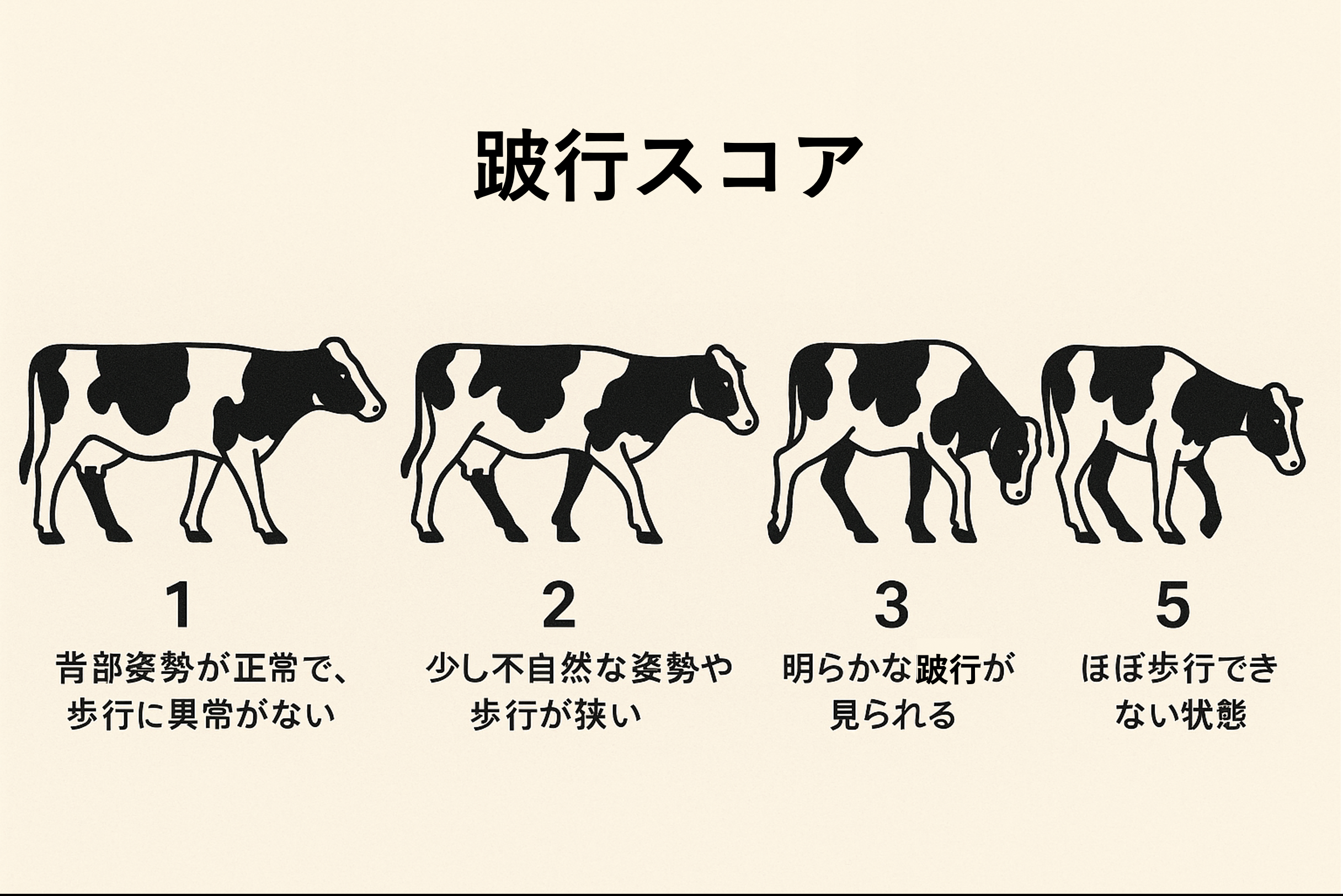 乳牛の跛行スコア評価基準を示す図解