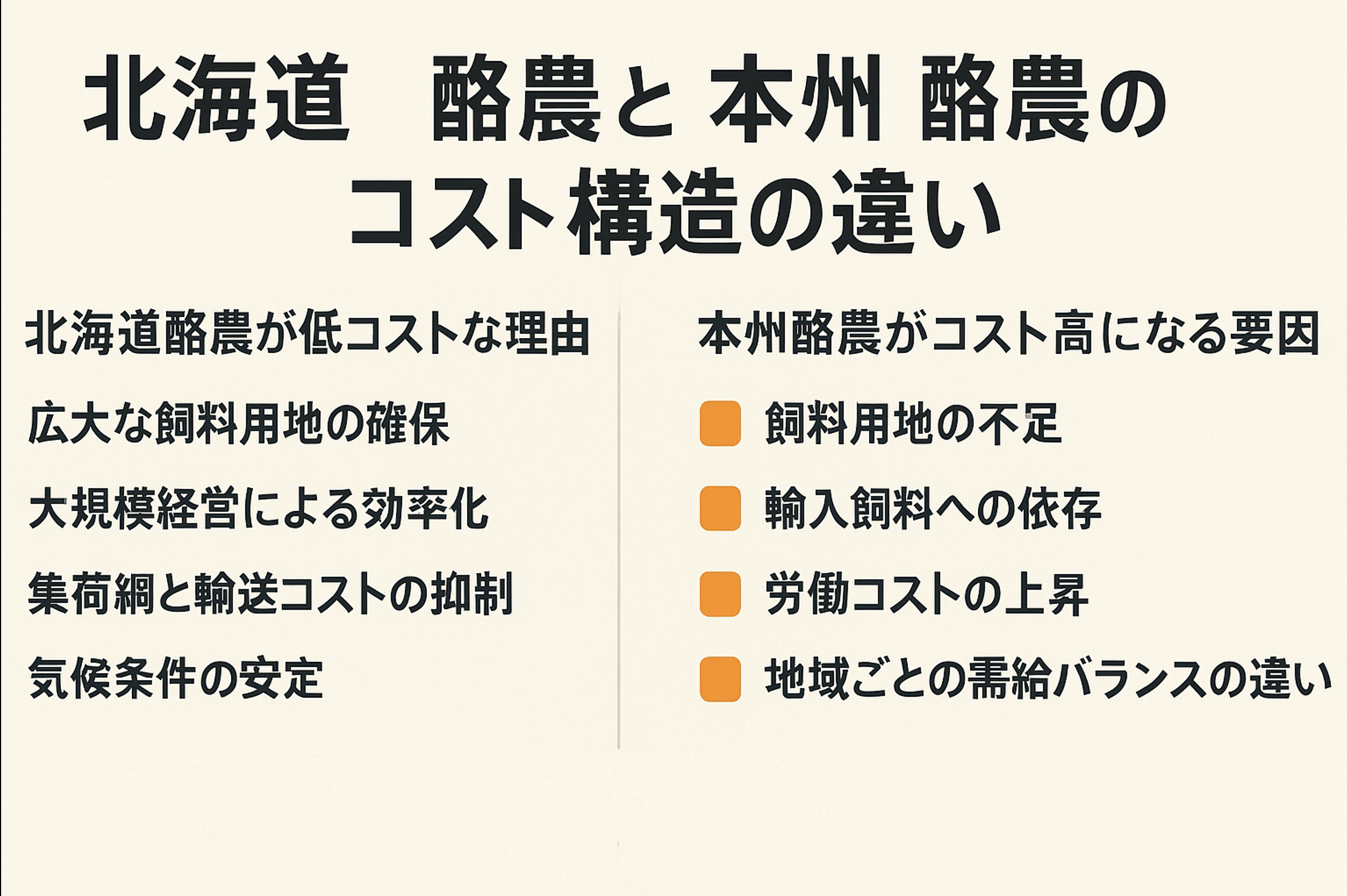 北海道酪農と本州酪農のコスト構造の違いを比較した図解(飼料用地、労働コスト、集荷網の違いなど)