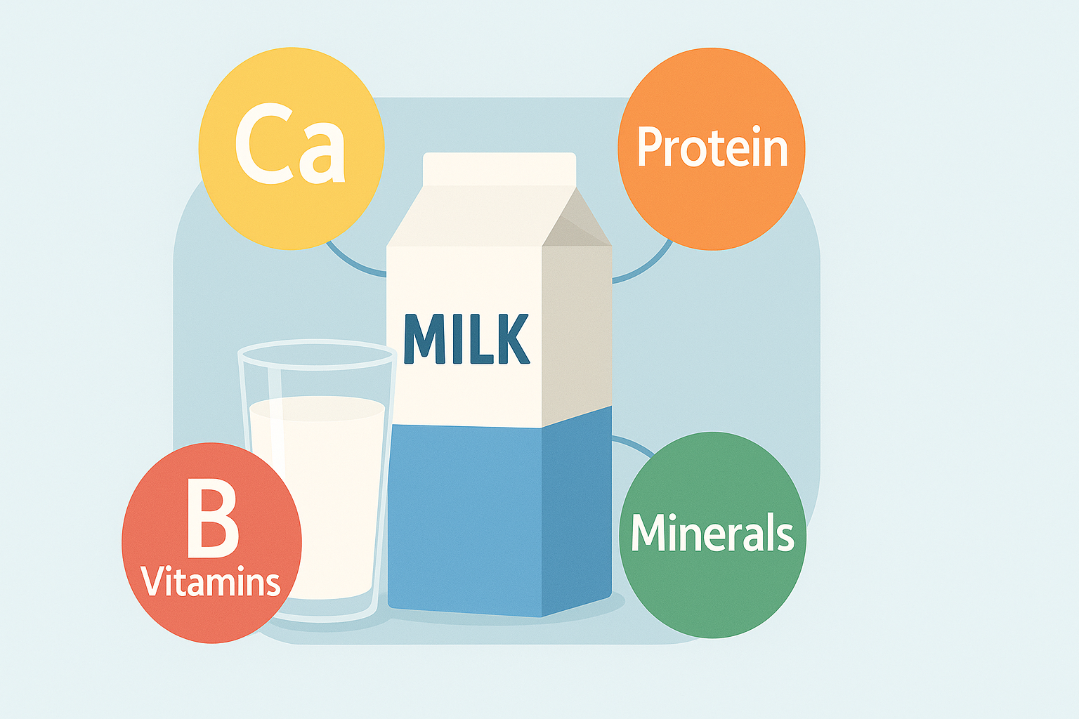 Milk carton and glass with icons showing calcium, protein, B vitamins, and minerals – illustrating milk’s nutritional benefits