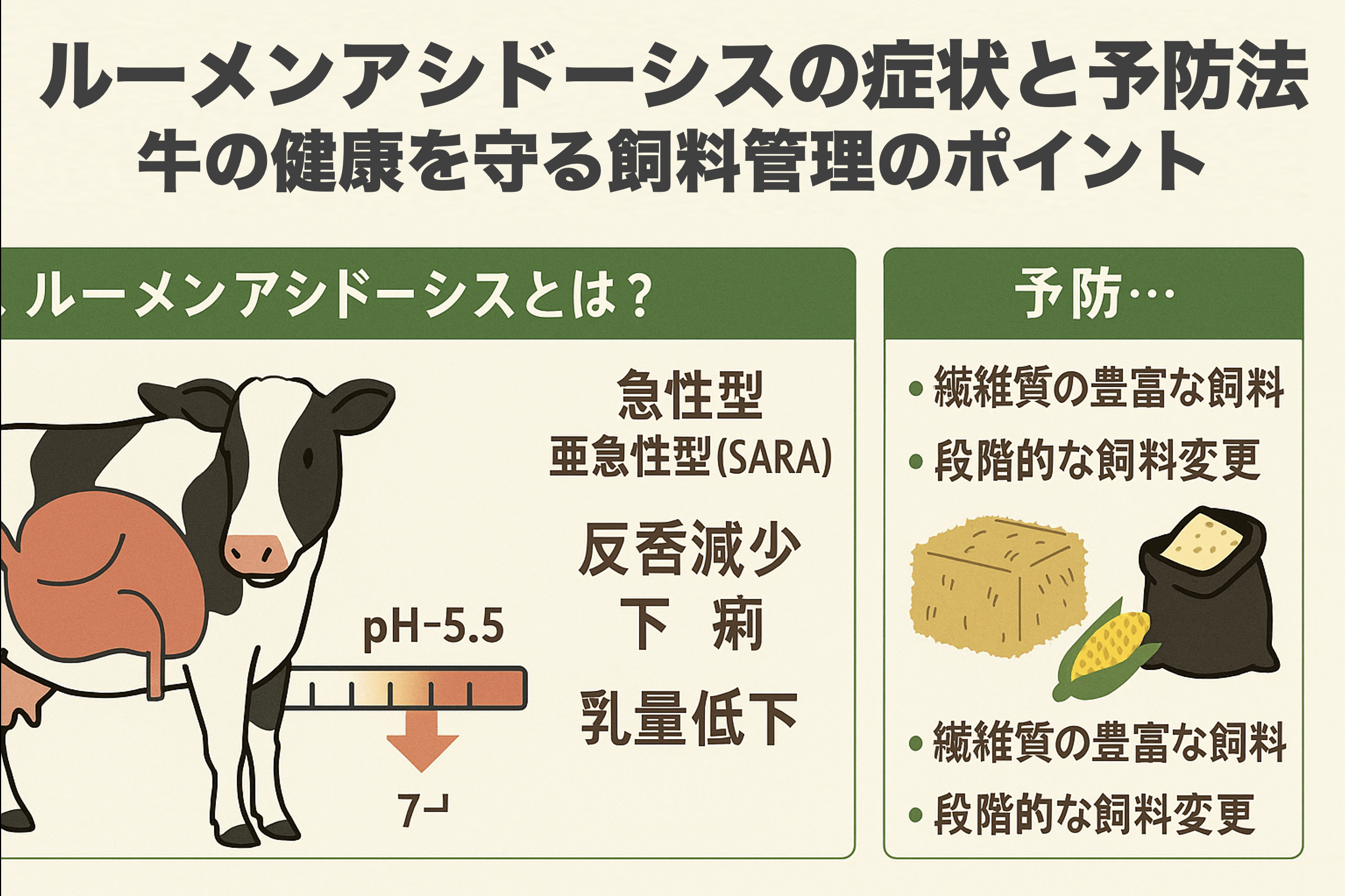 ルーメンアシドーシスの仕組みと予防法を解説するイラスト