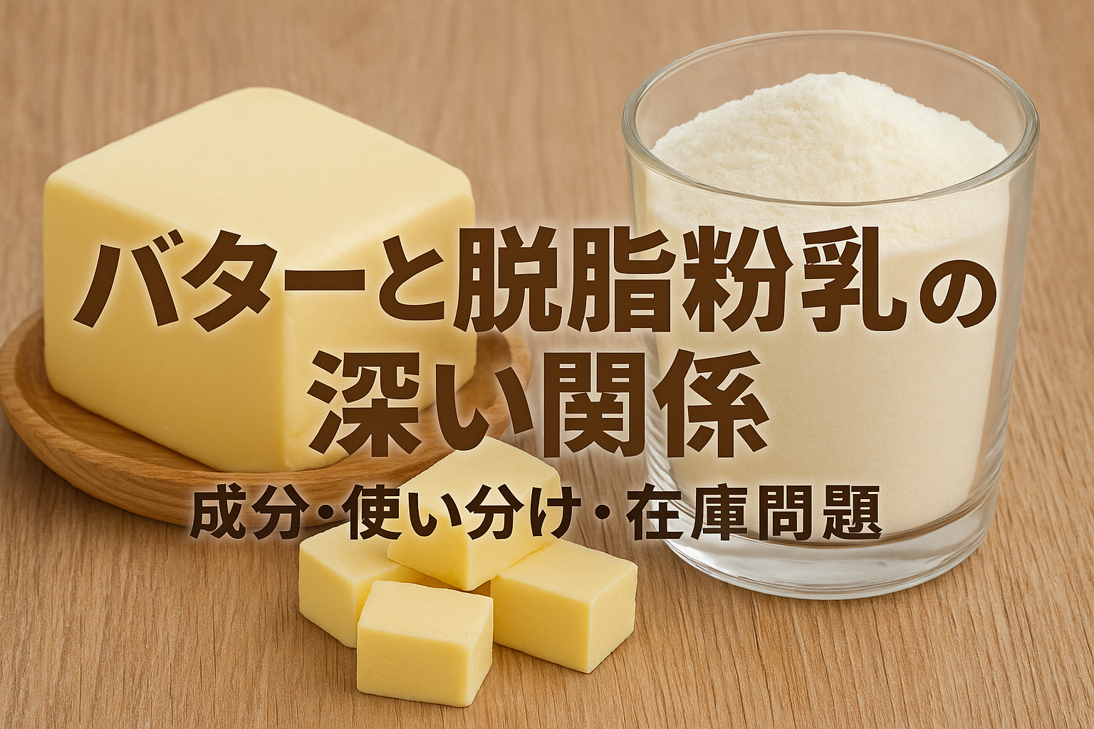 バターと脱脂粉乳の製造過程と関係性を示すインフォグラフィック。生乳からバター、バターミルク、脱脂粉乳への流れとコロナ禍による在庫影響を表現。