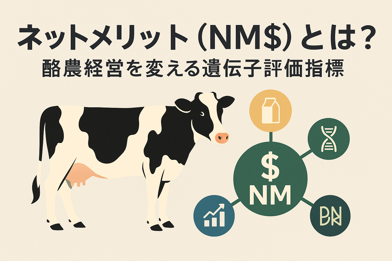 ネットメリット（NM$）の仕組みと酪農経営への影響を表す図解イメージ