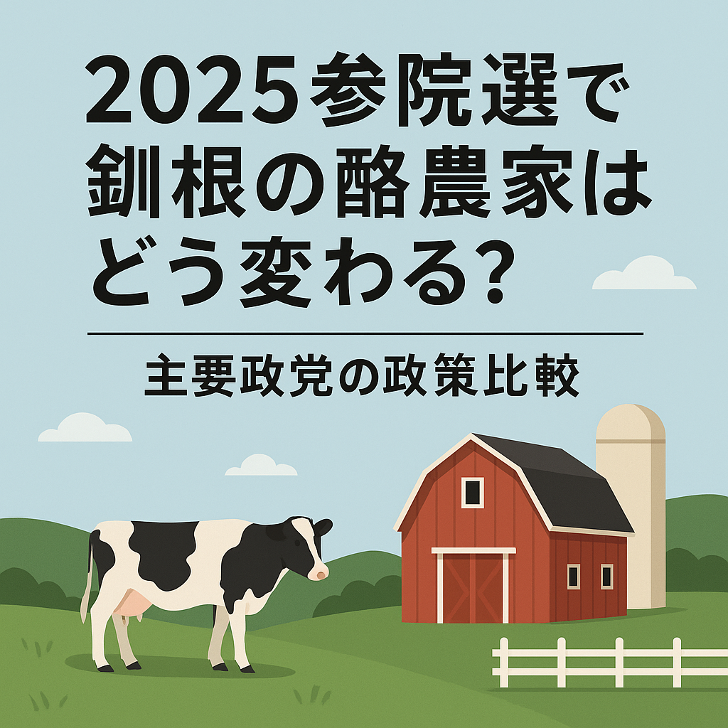 北海道釧根地方の酪農風景と2025参院選の農業政策イメージ