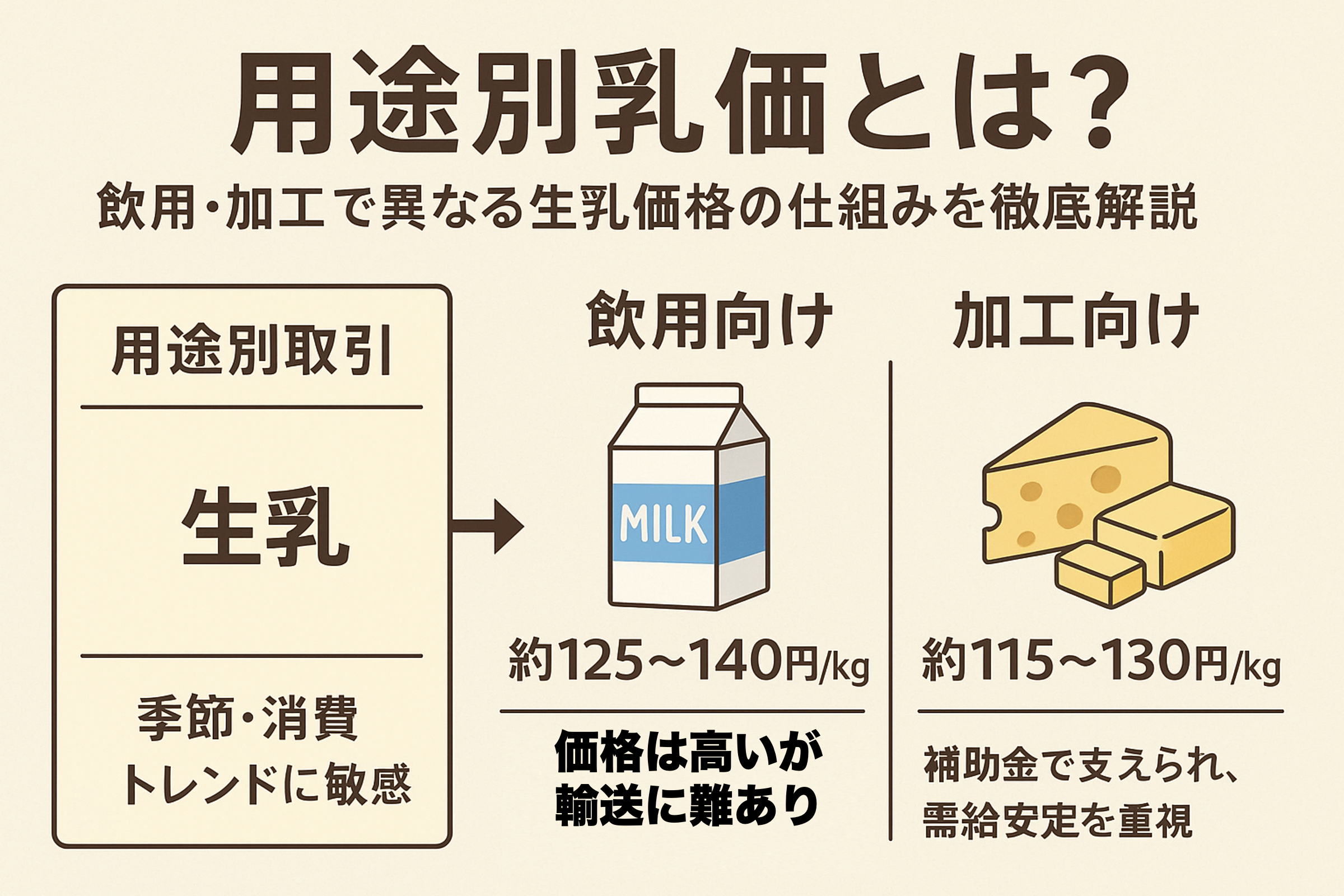 用途別乳価の仕組みを図解｜飲用向けと加工向けで異なる生乳価格の比較