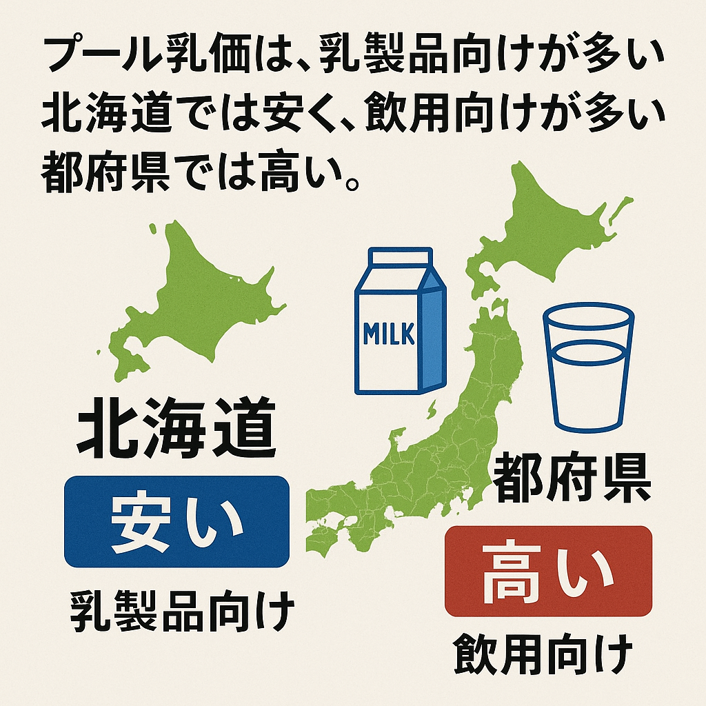 プール乳価の地域差を示す日本地図と乳製品・飲用向けの価格比較