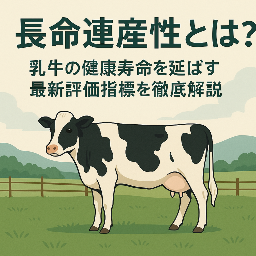 長命連産性とはを解説するホルスタイン牛のイラストとタイトル画像