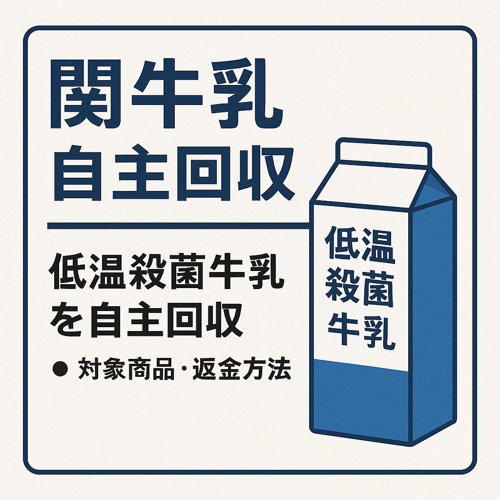 関牛乳の低温殺菌牛乳自主回収を告知する公式画像｜対象商品と返金方法を明記