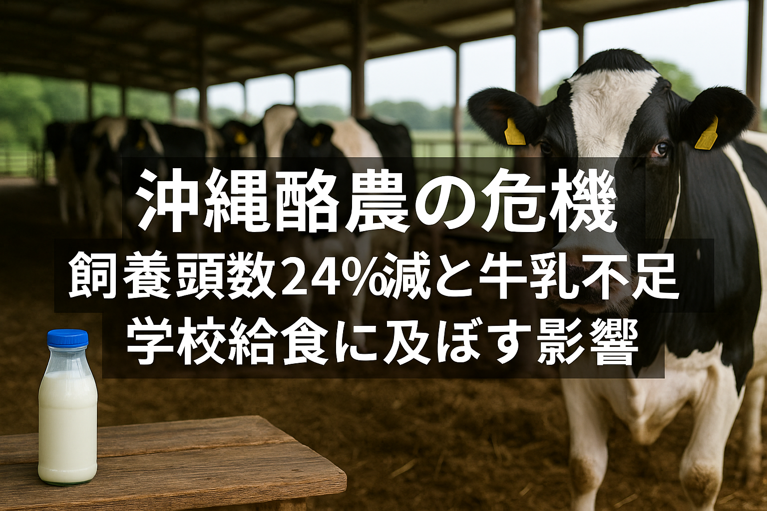 沖縄酪農の危機を訴える牛舎内のホルスタインと牛乳瓶の写真｜飼養頭数減と学校給食への影響