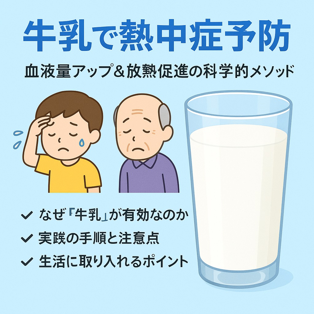 牛乳による熱中症予防を紹介するイラスト｜血液量アップと放熱促進の科学的メカニズム