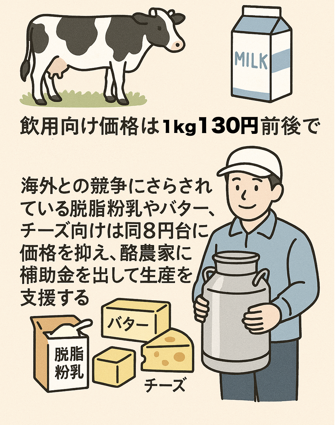 飲用向けと乳製品向けで異なる生乳価格と補助金の仕組みを図解