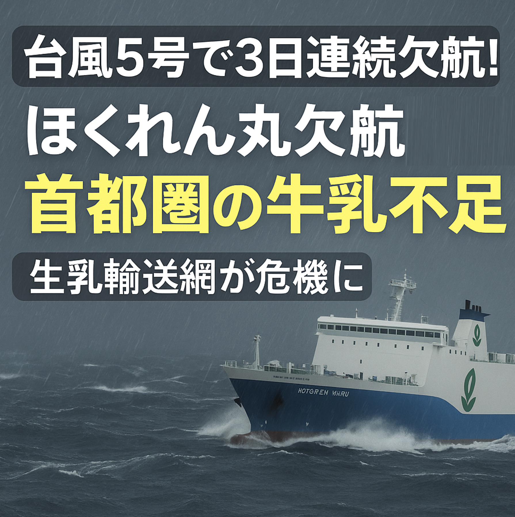 台風の荒天で波に揺れる貨客船「ほくれん丸」の様子、生乳輸送に影響を与える重要ルート