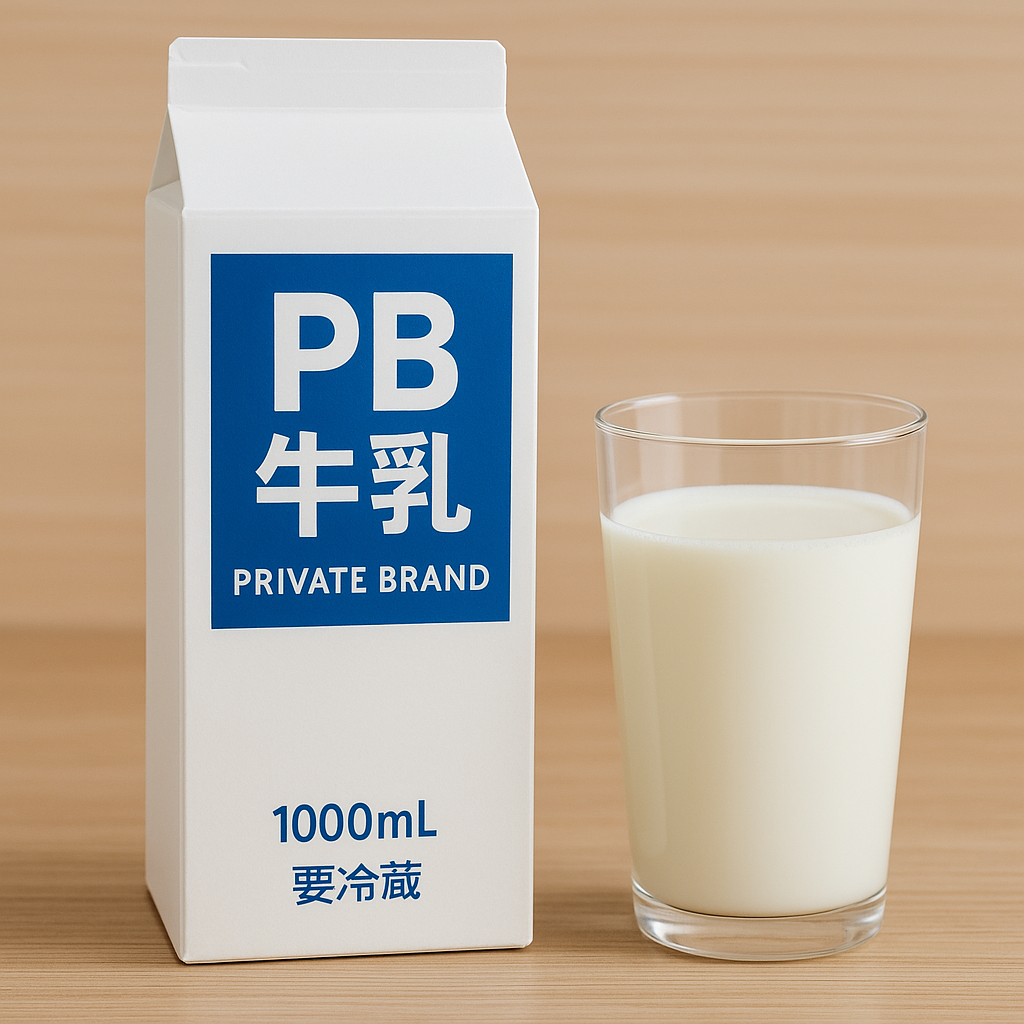 PB牛乳の紙パックとグラスに注がれた牛乳の写真｜プライベートブランド商品の栄養と価格の魅力を表現