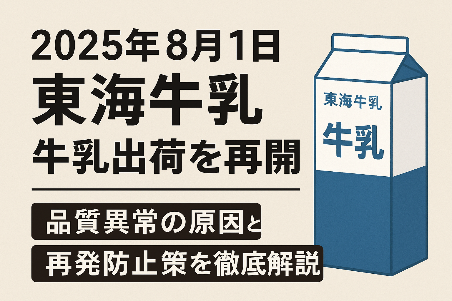 2025年8月1日東海牛乳出荷再開と品質異常原因・再発防止策のインフォグラフィック