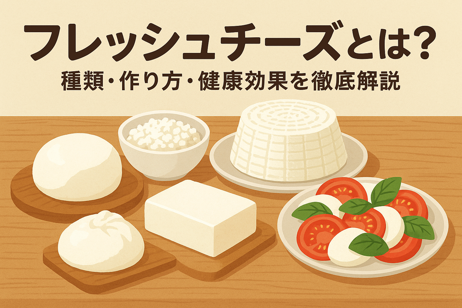 フレッシュチーズの種類と健康効果を紹介するイメージ