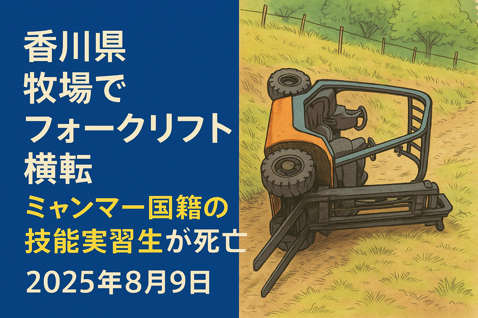 香川県高松市香南町で発生したフォークリフト横転事故のイラスト、ミャンマー国籍技能実習生が死亡