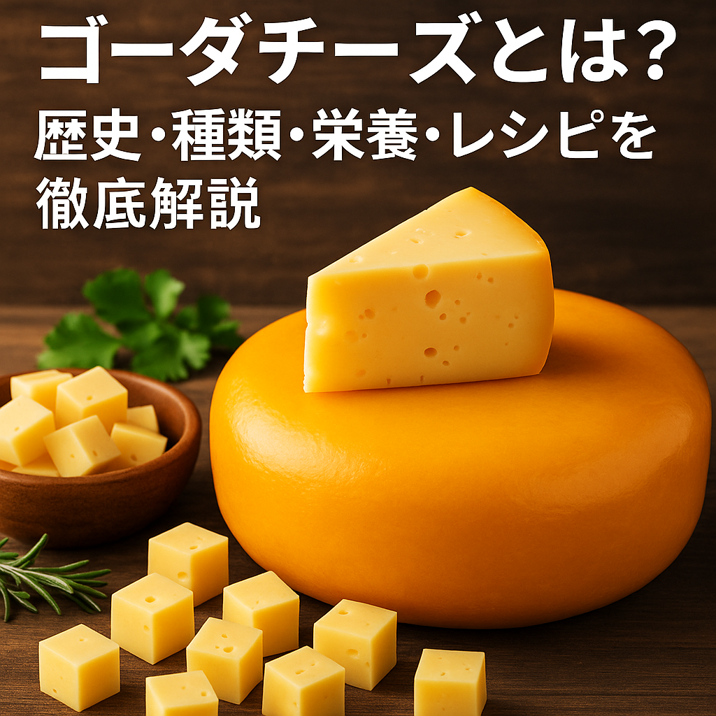 オランダ産ゴーダチーズの丸いホイールとスライスのイメージ