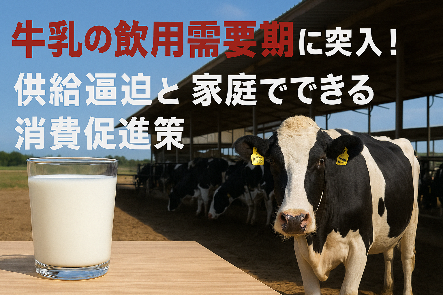 牛乳の飲用需要期に突入したことを伝えるアイキャッチ画像。酪農とホルスタイン牛、牛乳の供給逼迫と消費促進を表現。