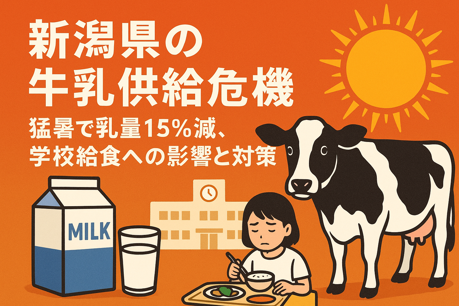 新潟県の牛乳供給危機｜2025年猛暑で乳量15％減、学校給食への影響を示すイラスト