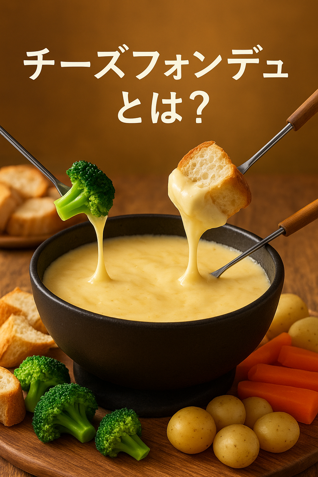 チーズフォンデュ鍋とパン・野菜をディップするシーン