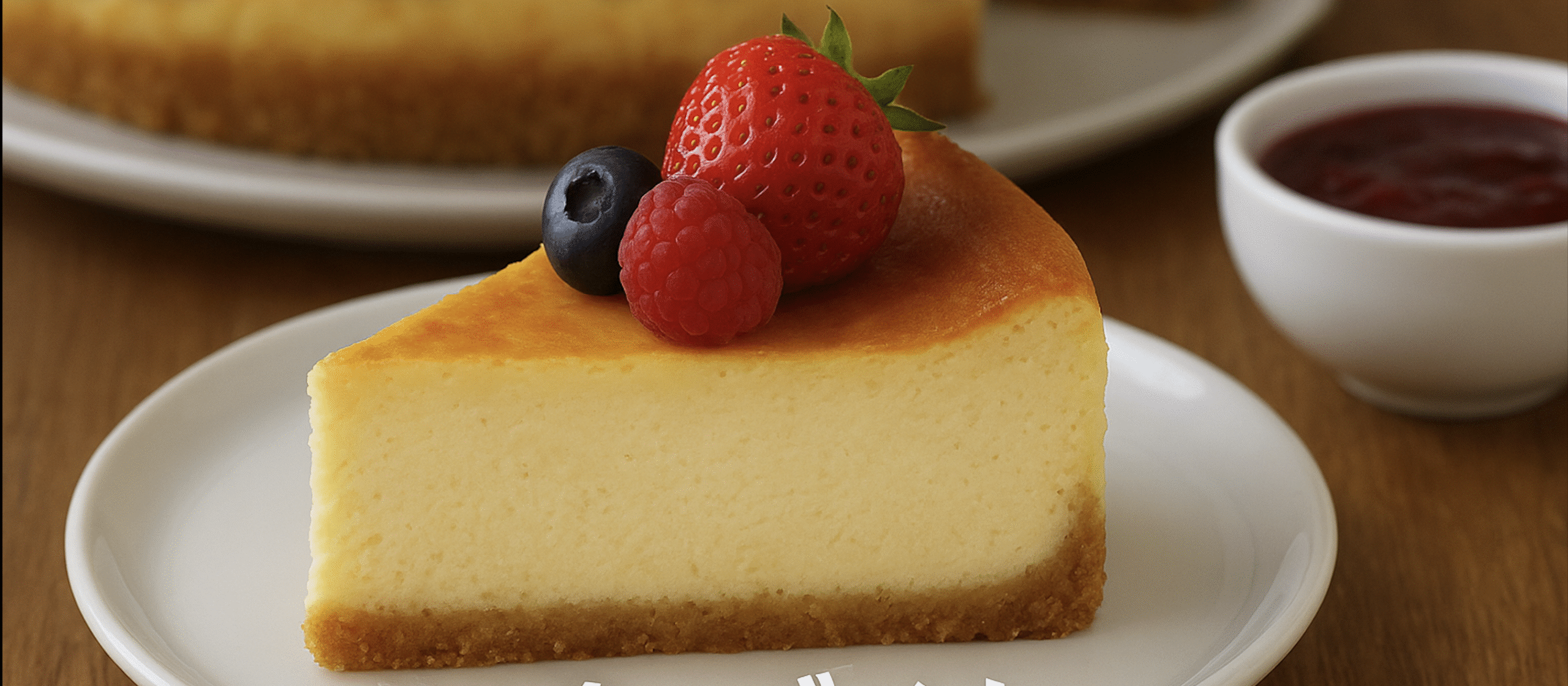 ニューヨークチーズケーキの断面とベリーを添えた盛り付け画像