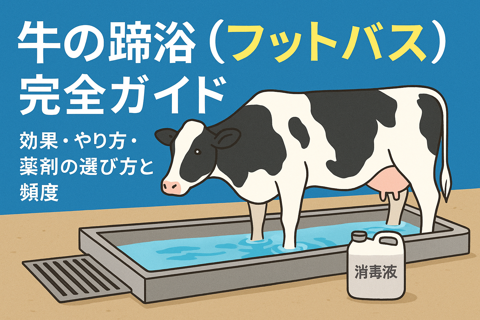 蹄浴（フットバス）で消毒する乳牛のイラスト — 蹄病予防・槽設計・薬剤選びの解説画像