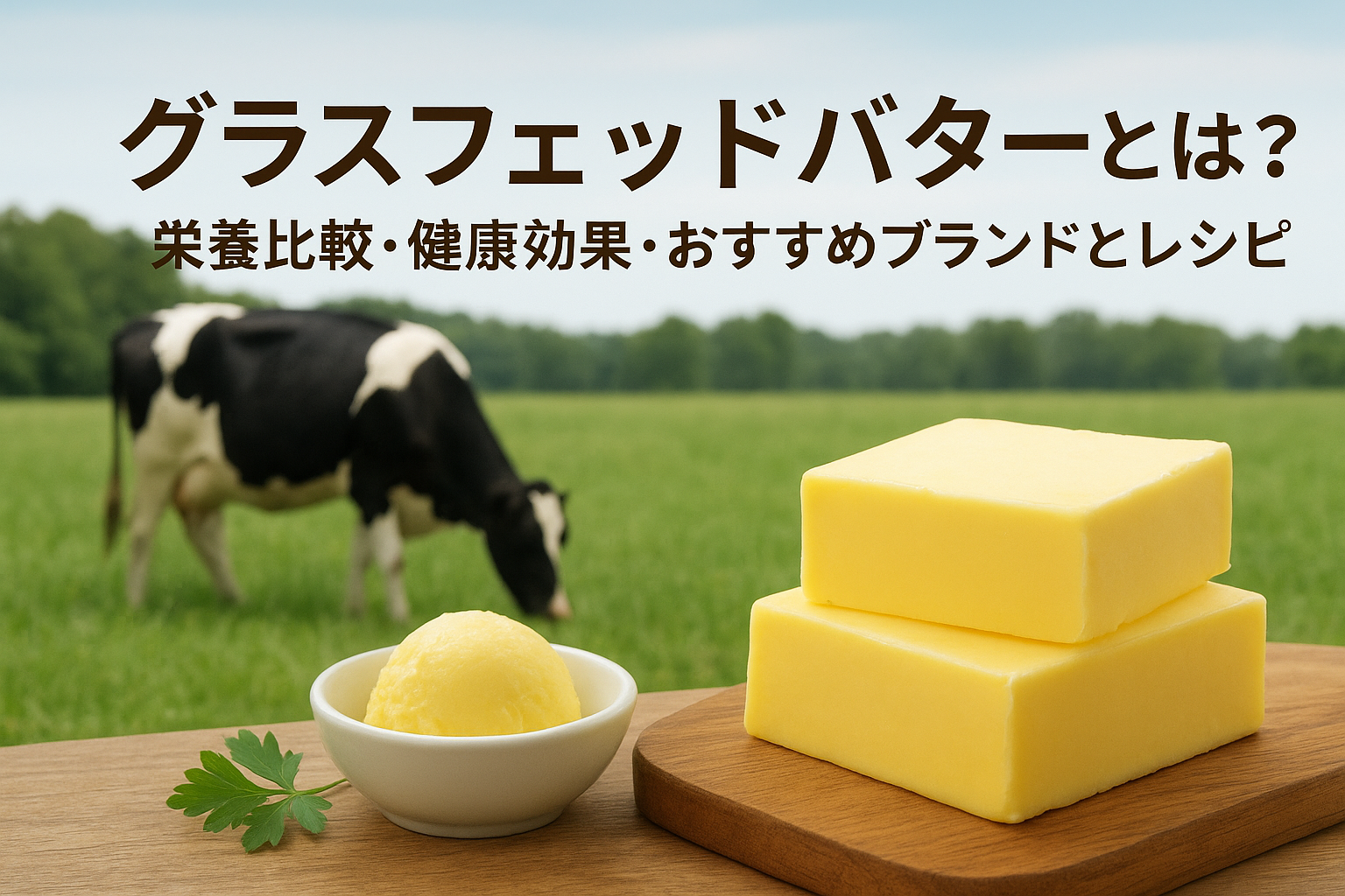 牧草地で放牧された牛とグラスフェッドバターの写真