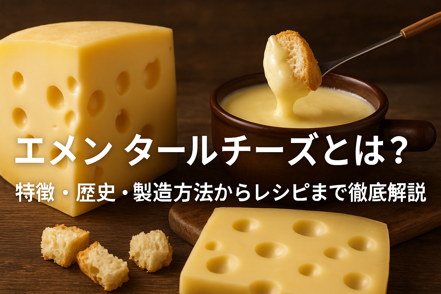 エメンタールチーズのホールとカット、チーズ料理例